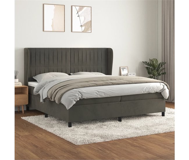 Conforama Cama Box Spring Con Colchón Terciopelo Gris Oscuro 200x200 Cm Rayas Verticales