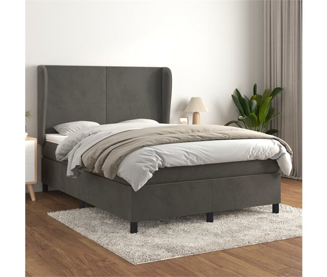 Conforama Cama Box Spring Con Colchón Terciopelo Gris Oscuro 140x190 Cm Diseño Plano