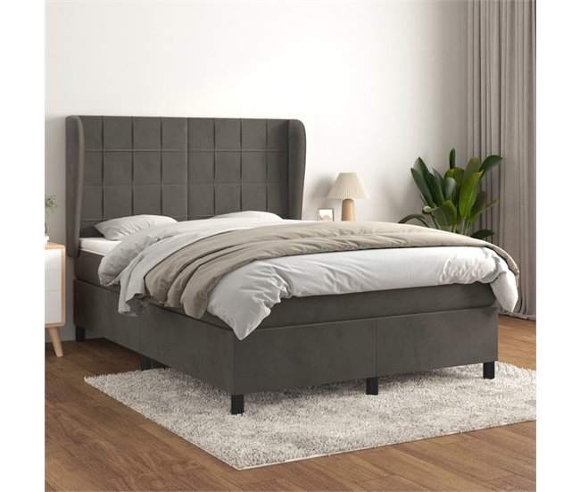 Conforama Cama Box Spring Con Colchón Terciopelo Gris Oscuro 140x190 Cm Bloques Con Cuadros