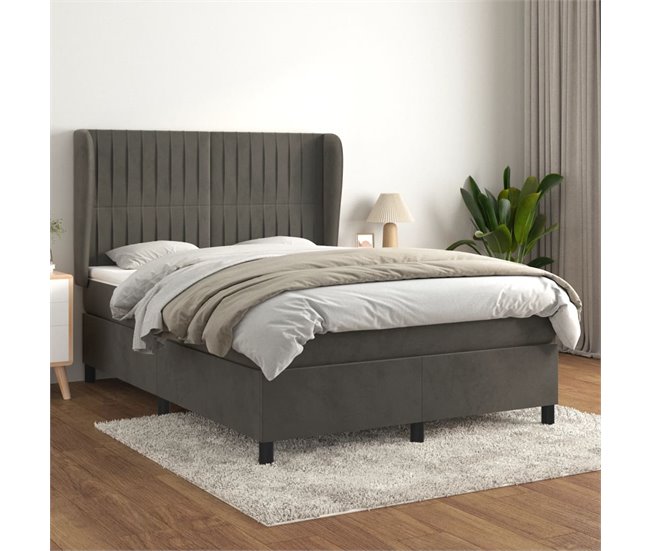 Conforama Cama Box Spring Con Colchón Terciopelo Gris Oscuro 140x190 Cm Rayas Verticales