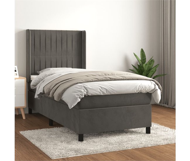 Conforama Cama Box Spring Con Colchón Terciopelo Gris Oscuro 100x200 Cm Rayas Verticales