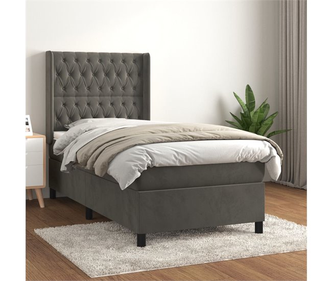 Conforama Cama Box Spring Con Colchón Terciopelo Gris Oscuro 90x190 Cm Diseño De Botones