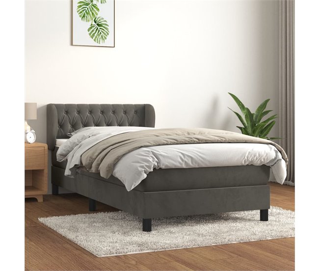 Conforama Cama Box Spring Con Colchón Terciopelo Gris Oscuro 100x200 Cm Diseño De Botones