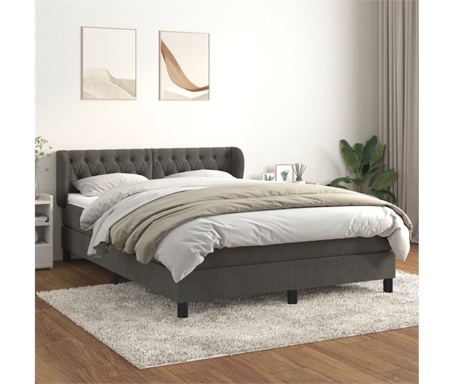 Conforama Cama Box Spring Con Colchón Terciopelo Gris Oscuro 140x200 Cm Diseño De Botones