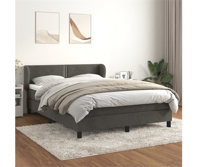 Conforama Cama Box Spring Con Colchón Terciopelo Gris Oscuro 140x200 Cm Liso Con Clavos