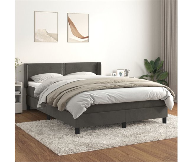 Conforama Cama Box Spring Con Colchón Terciopelo Gris Oscuro 140x200 Cm Liso Con Clavos