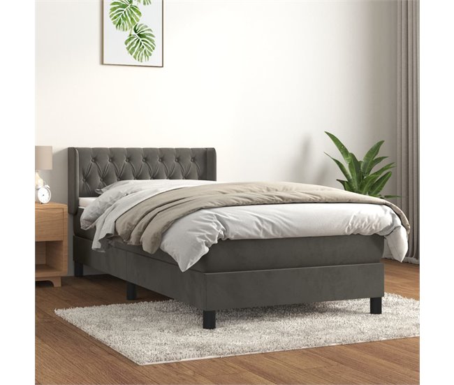 Conforama Cama Box Spring Con Colchón Terciopelo Gris Oscuro 100x200 Cm Diseño De Botones