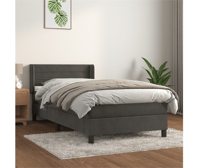 Conforama Cama Box Spring Con Colchón Terciopelo Gris Oscuro 90x190 Cm Rayas Horizontales