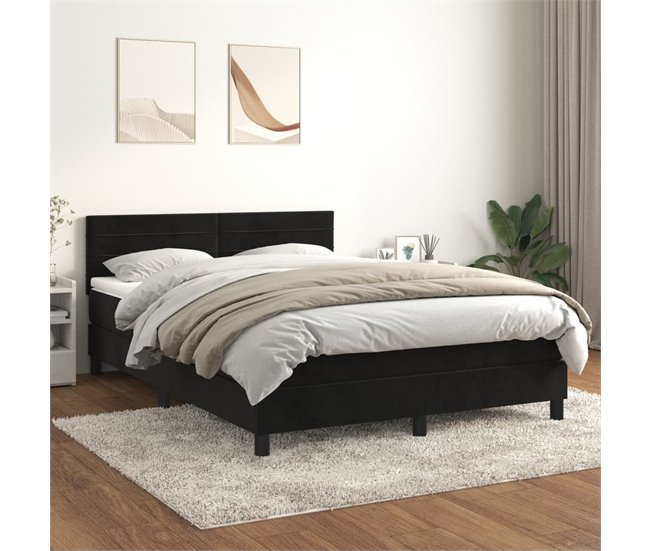 Conforama Cama Box Spring Con Colchón Terciopelo Negro 140x190 Cm Rayas Horizontales