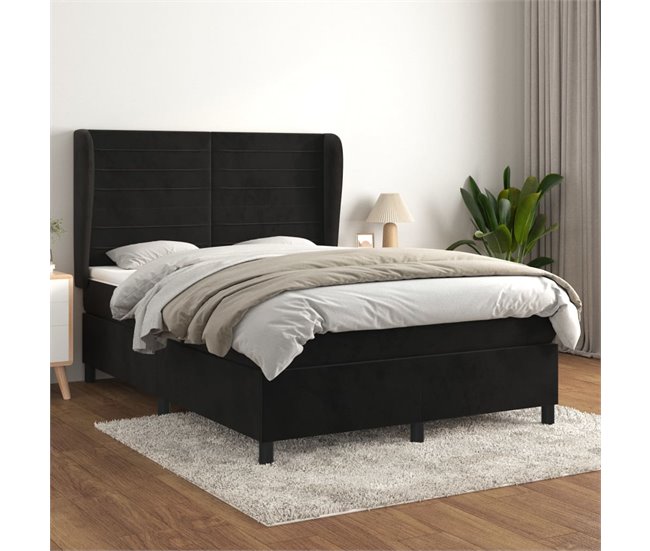 Conforama Cama Box Spring Con Colchón Terciopelo Negro 140x200 Cm Rayas Horizontales