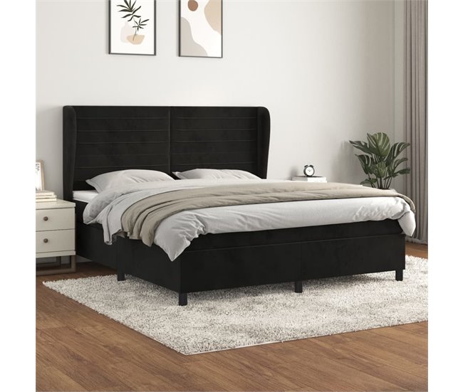 Conforama Cama Box Spring Con Colchón Terciopelo Negro 180x200 Cm Rayas Horizontales