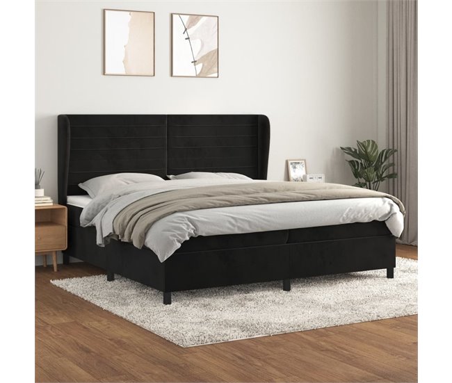 Conforama Cama Box Spring Con Colchón Terciopelo Negro 200x200 Cm Rayas Horizontales