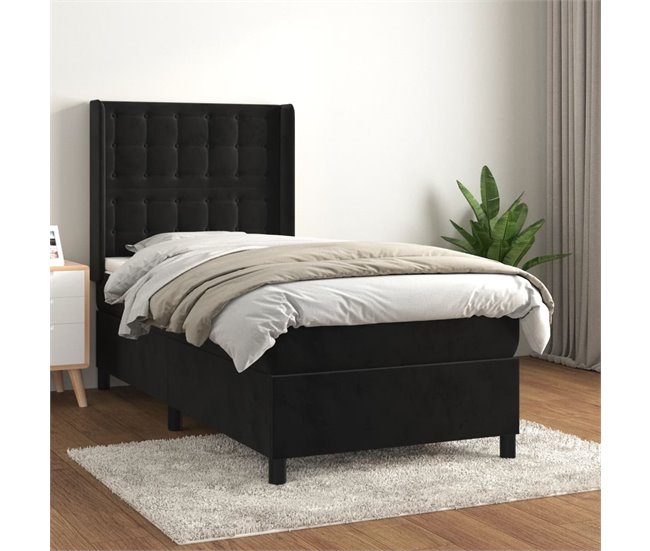 Conforama Cama Box Spring Con Colchón Terciopelo Negro 80x200 Cm Botones