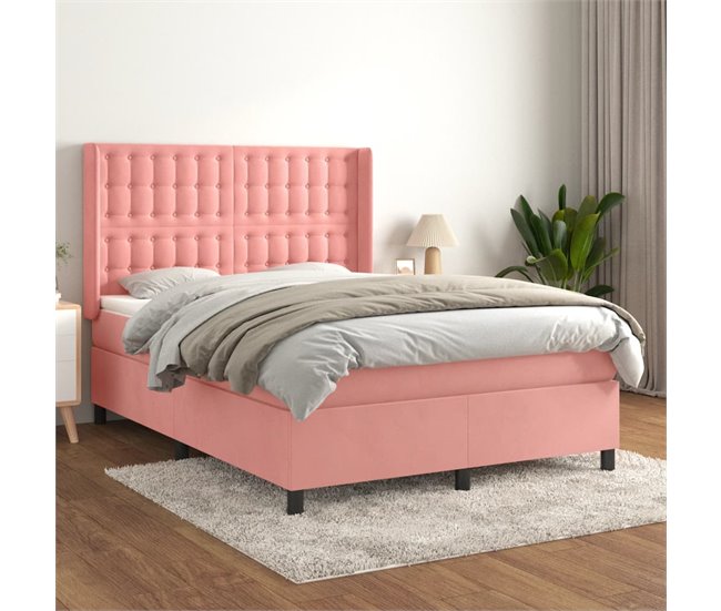 Conforama Cama Box Spring Con Colchón Terciopelo Rosa 140x190 Cm Botones
