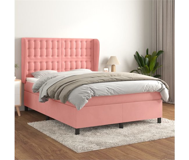 Conforama Cama Box Spring Con Colchón Terciopelo Rosa 140x190 Cm Botones
