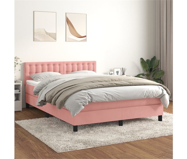 Conforama Cama Box Spring Con Colchón Terciopelo Rosa 140x200 Cm Botones