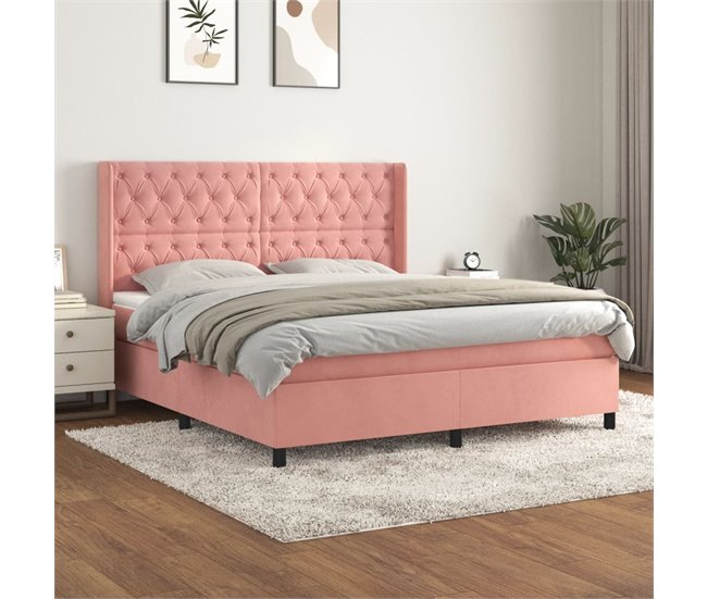 Conforama Cama Box Spring Con Colchón Terciopelo Rosa 160x200 Cm Diseño De Botones