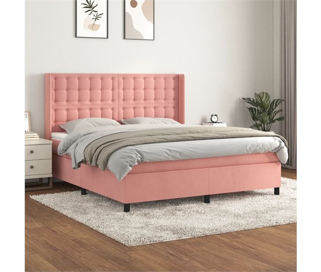 Conforama Cama Box Spring Con Colchón Terciopelo Rosa 160x200 Cm Botones
