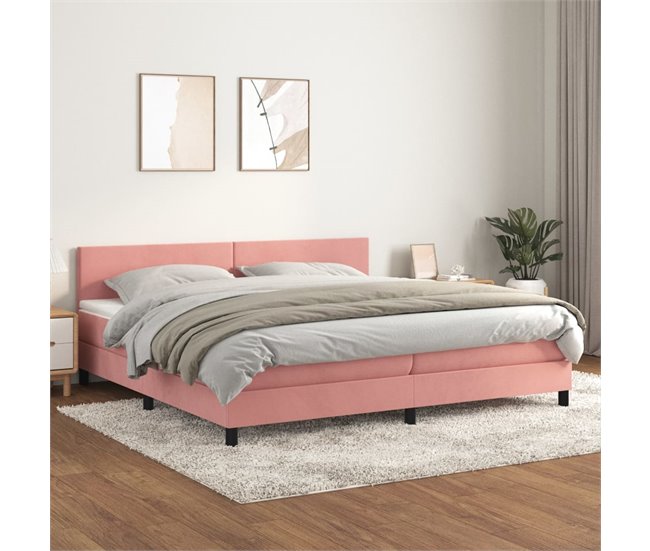 Conforama Cama Box Spring Con Colchón Terciopelo Rosa 200x200 Cm Diseño Plano