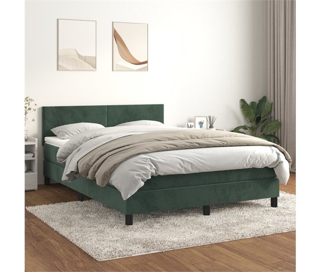 Conforama Cama Box Spring Con Colchón Terciopelo Verde Oscuro 140x200 Cm Diseño Plano