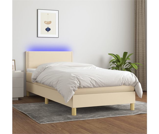 Conforama Cama Box Spring Con Colchón Y LED Tela Crema 90x200 Cm Liso Con Clavos