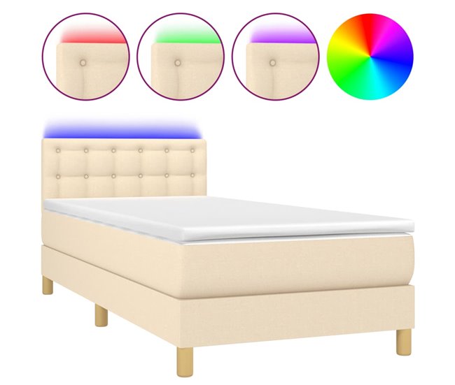 Conforama Cama box spring con colchón y LED tela crema 90x200 cm Botones