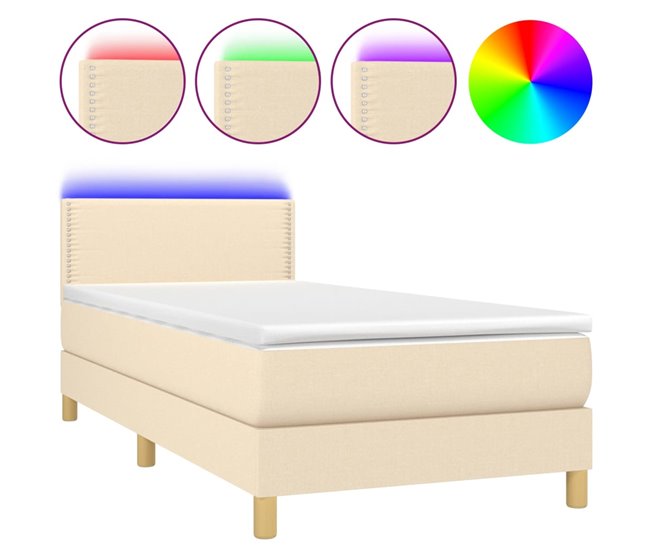 Conforama Cama box spring con colchón y LED tela crema 90x200 cm Liso con clavos