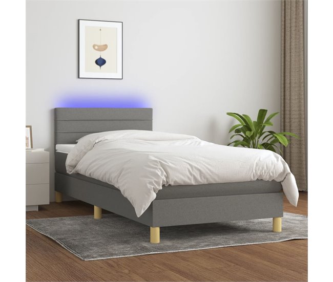 Conforama Cama Box Spring Con Colchón Y LED Tela Gris Oscuro 90x190 Cm Rayas Horizontales