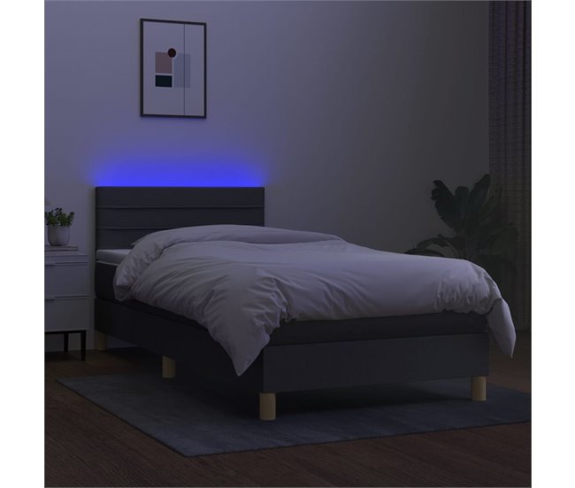 Conforama Cama Box Spring Con Colchón Y LED Tela Gris Oscuro 90x190 Cm Rayas Horizontales