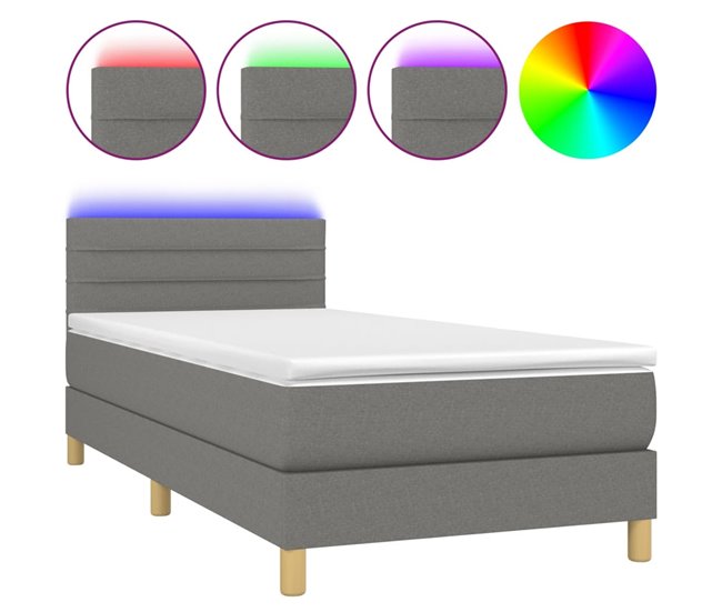 Conforama Cama box spring con colchón y LED tela gris oscuro 90x190 cm Rayas horizontales