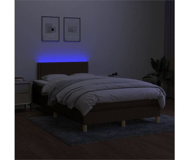 Conforama Cama Box Spring Con Colchón Y LED Tela Marrón Oscuro 120x200 Cm Liso Con Clavos