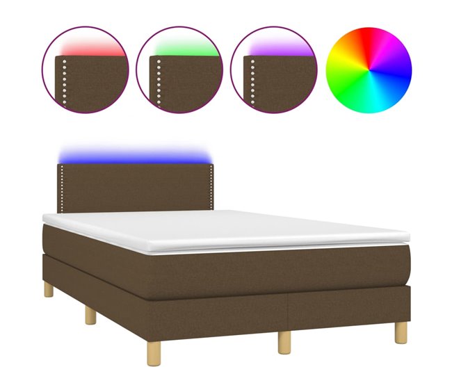 Conforama Cama box spring con colchón y LED tela marrón oscuro 120x200 cm Liso con clavos