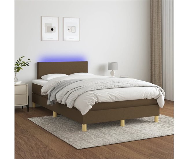 Conforama Cama Box Spring Con Colchón Y LED Tela Marrón Oscuro 120x200 Cm Diseño Plano
