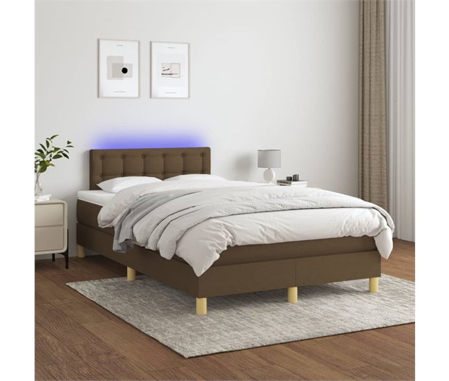 Conforama Cama Box Spring Con Colchón Y LED Tela Marrón Oscuro 120x200 Cm Botones