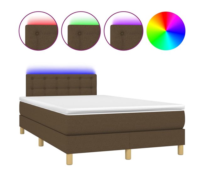 Conforama Cama box spring con colchón y LED tela marrón oscuro 120x200 cm Botones
