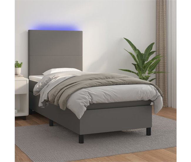 Conforama Cama Box Spring Y Colchón LED Cuero Sintético Gris 90x200 Cm Diseño Plano