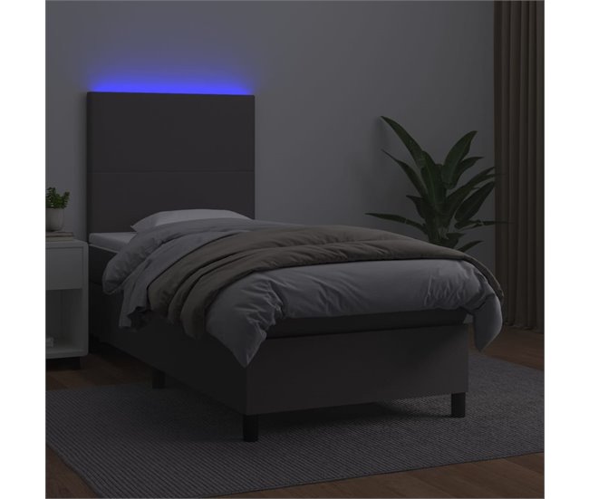 Conforama Cama Box Spring Y Colchón LED Cuero Sintético Gris 90x200 Cm Diseño Plano