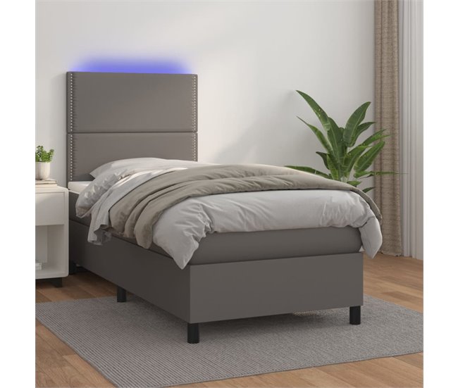Conforama Cama Box Spring Y Colchón LED Cuero Sintético Gris 90x190 Cm Liso Con Clavos