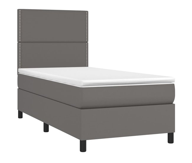 Conforama Cama Box Spring Y Colchón LED Cuero Sintético Gris 90x190 Cm Liso Con Clavos