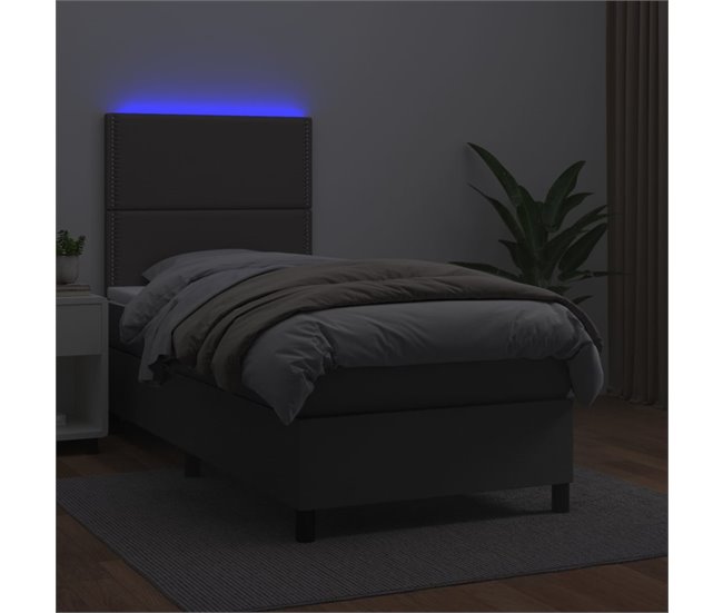 Conforama Cama Box Spring Y Colchón LED Cuero Sintético Gris 90x190 Cm Liso Con Clavos