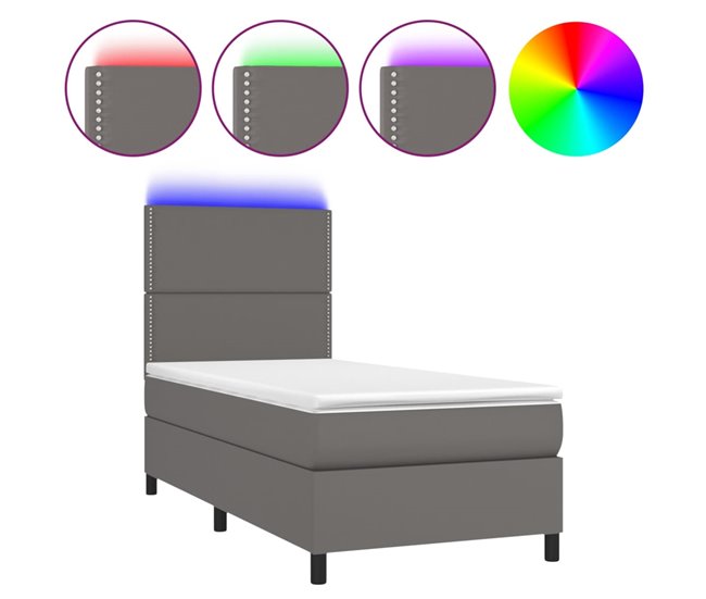 Conforama Cama box spring y colchón LED cuero sintético gris 90x190 cm Liso con clavos