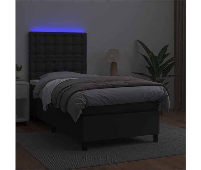 Conforama Cama Box Spring Y Colchón LED Cuero Sintético Negro 90x190 Cm Botones