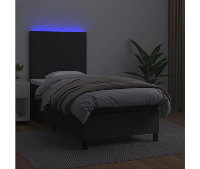 Conforama Cama Box Spring Y Colchón LED Cuero Sintético Negro 80x200 Cm Diseño Plano
