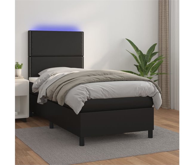 Conforama Cama Box Spring Y Colchón LED Cuero Sintético Negro 90x200 Cm Liso Con Clavos