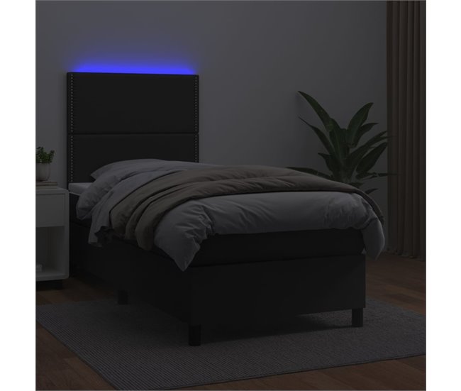 Conforama Cama Box Spring Y Colchón LED Cuero Sintético Negro 90x200 Cm Liso Con Clavos