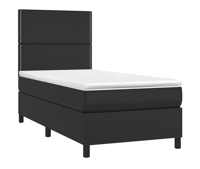 Conforama Cama Box Spring Y Colchón LED Cuero Sintético Negro 80x200 Cm Liso Con Clavos