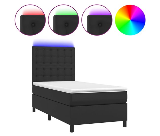 Conforama Cama box spring y colchón LED cuero sintético negro 90x190 cm Botones