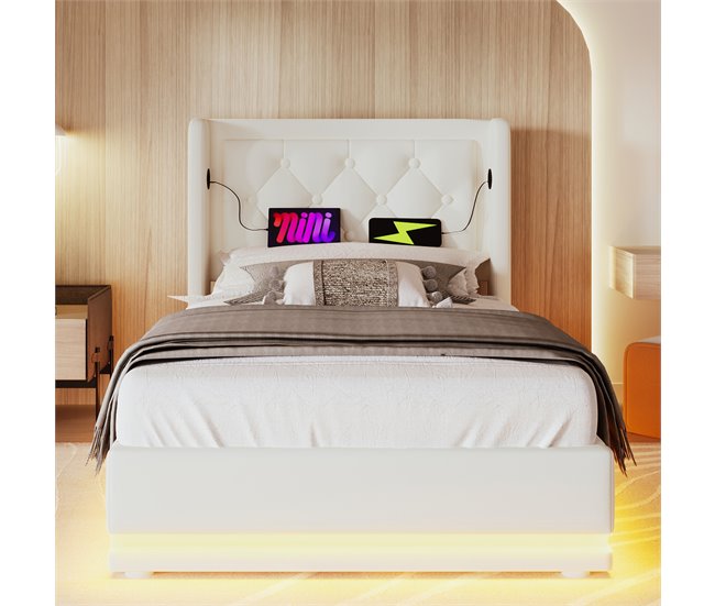 Conforama Cama Canapé Acolchada De 90 X 200 Cm En Símil Piel - Con Función De Carga Y LED A Los Pies De La Cama - Blanco