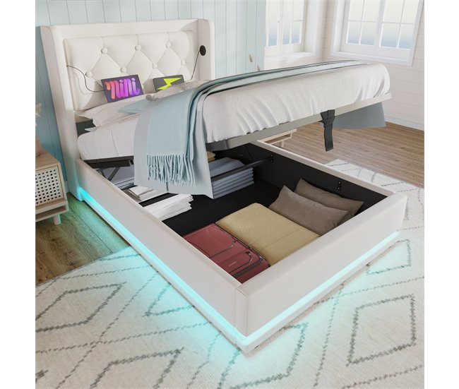 Conforama Cama Canapé Acolchada De 90 X 200 Cm En Símil Piel - Con Función De Carga Y LED A Los Pies De La Cama - Blanco