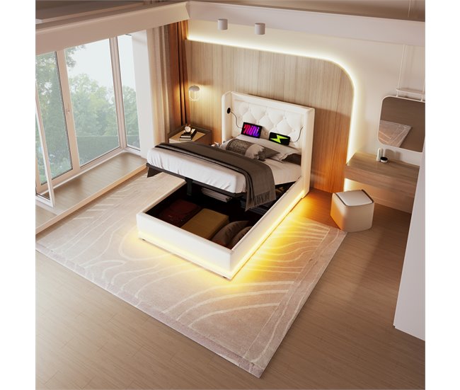 Conforama Cama Canapé Acolchada De 90 X 200 Cm En Símil Piel - Con Función De Carga Y LED A Los Pies De La Cama - Blanco